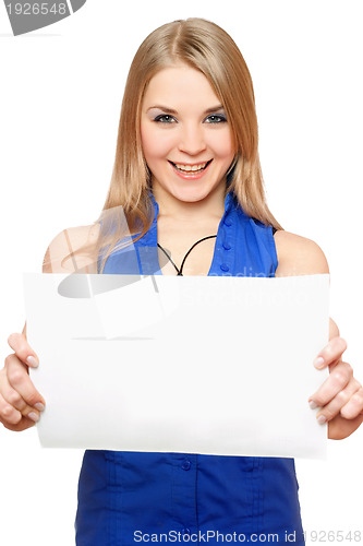 Image of Happy young woman holding empty white board