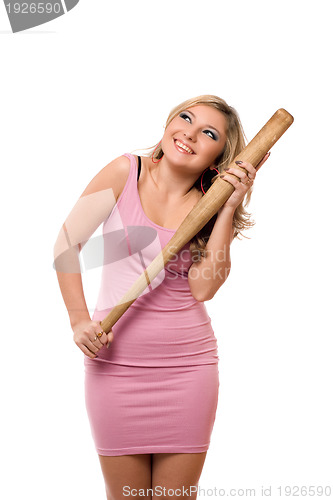 Image of Portrait of happy young blonde with a bat