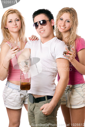 Image of Smiling young people with a bottle of whiskey