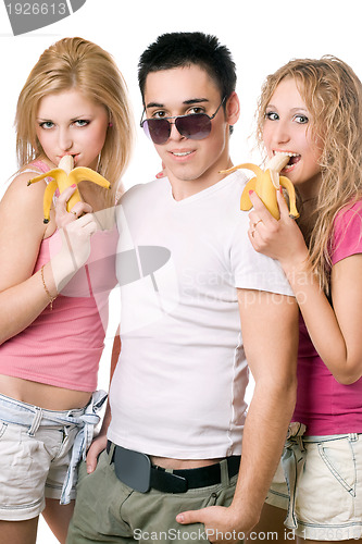 Image of Portrait of three playful young people. Isolated