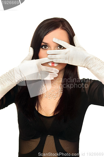 Image of Beautiful young brunette gesturing. Isolated