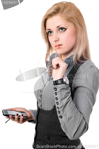 Image of Portrait of beautiful young blonde with smartphone. Isolated