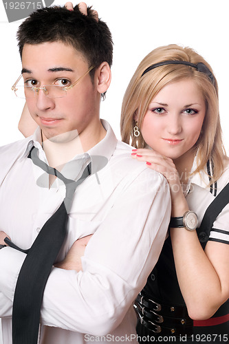 Image of Portrait of pretty funny student pair. Isolated