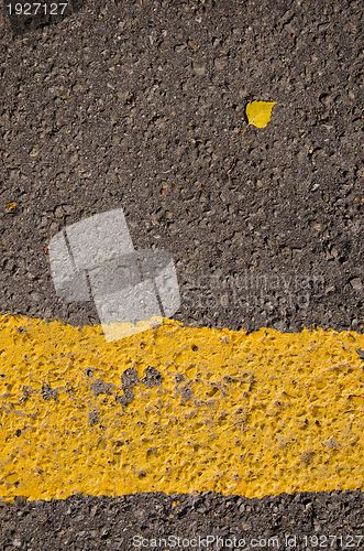 Image of Asphalt closeup yellow road mark small birch leaf 