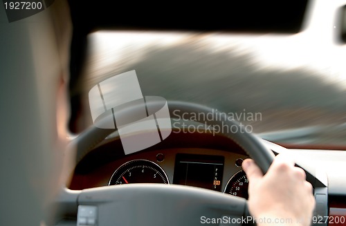Image of driver holds wheel in car