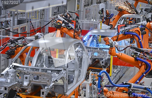 Image of robots welding in factory 