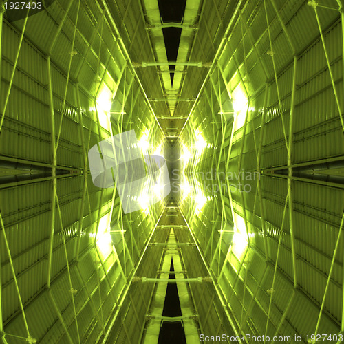 Image of The interior of a futuristic green tunnel