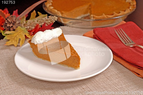 Image of Slice of pumpkin pie with autumn leaves resting in background