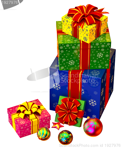 Image of Christmas tree toys and set of gifts with red bows