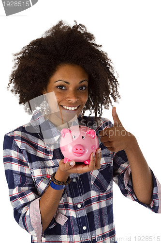 Image of Female afro american with piggy bank