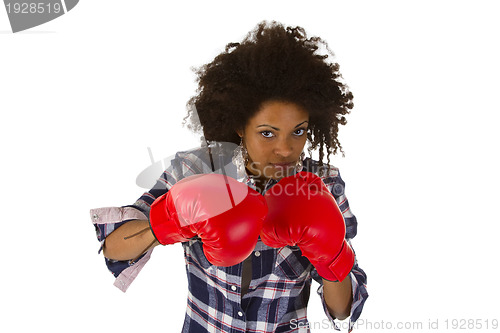 Image of Female afro american with red boxing gloves