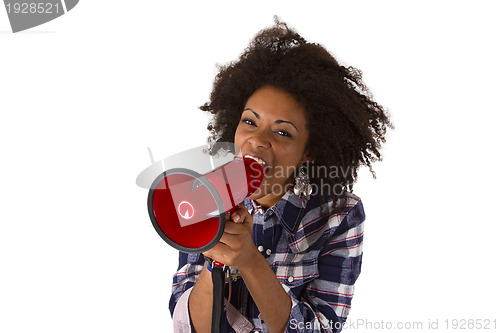 Image of Young african american using megaphone