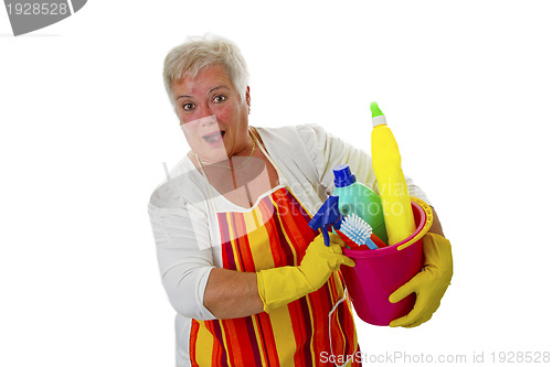 Image of Female senior with  cleaning utensils 