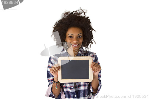 Image of Female afro american with blank chalkboard