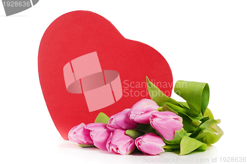 Image of Pink tulips and gift box, it is isolated on white