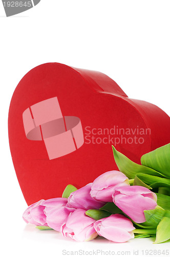 Image of Pink tulips and gift box, it is isolated on white