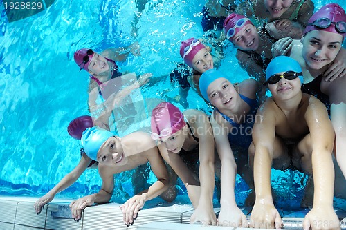 Image of happy children group  at swimming pool