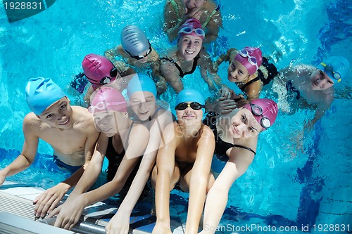 Image of happy children group  at swimming pool