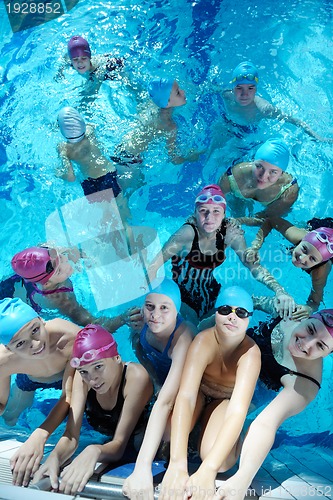 Image of happy children group  at swimming pool