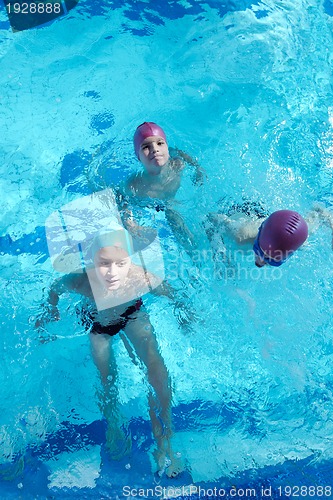 Image of happy children group  at swimming pool