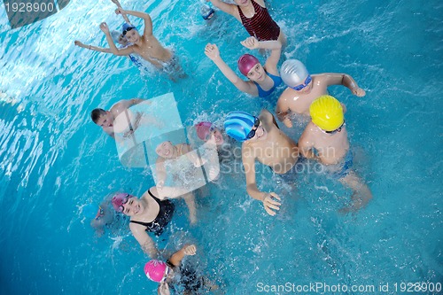 Image of happy children group  at swimming pool