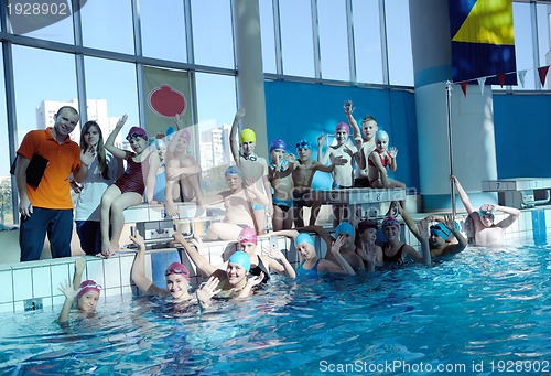 Image of happy children group  at swimming pool