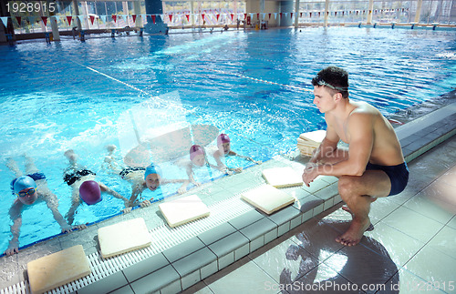 Image of happy children group  at swimming pool