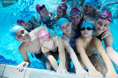 Image of happy children group  at swimming pool