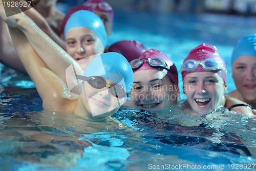 Image of happy children group  at swimming pool
