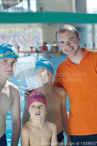 Image of happy children group  at swimming pool