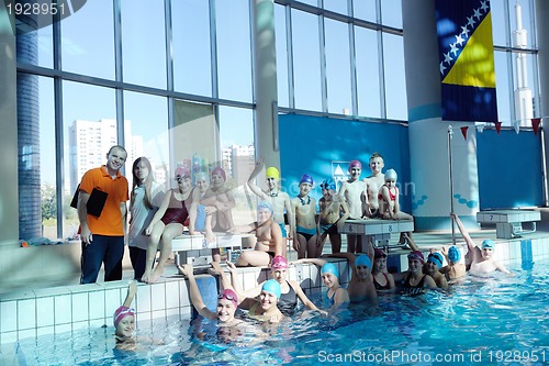 Image of happy children group  at swimming pool