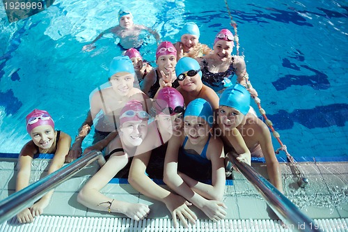Image of happy children group  at swimming pool