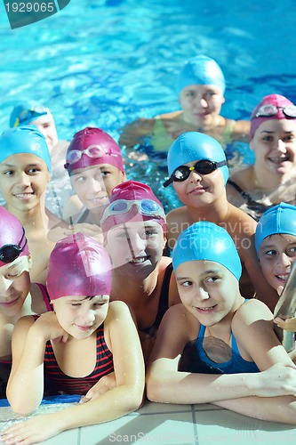 Image of happy children group  at swimming pool