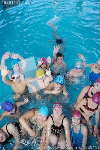 Image of happy children group  at swimming pool