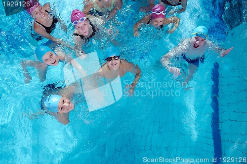 Image of happy children group  at swimming pool