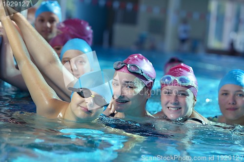 Image of happy children group  at swimming pool