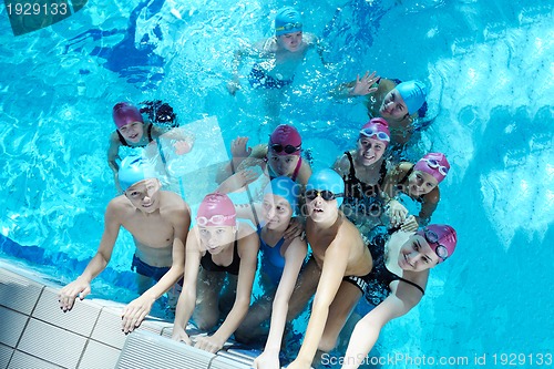 Image of happy children group  at swimming pool