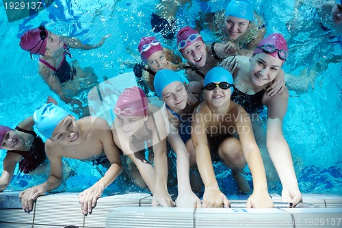 Image of happy children group  at swimming pool