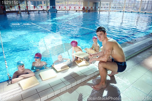 Image of happy children group  at swimming pool
