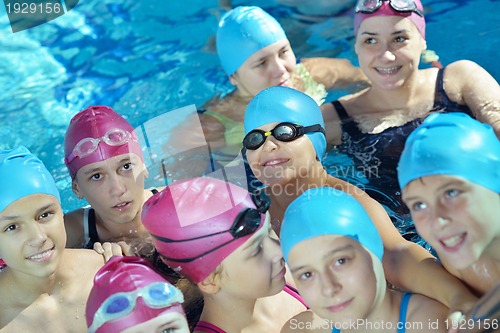 Image of happy children group  at swimming pool