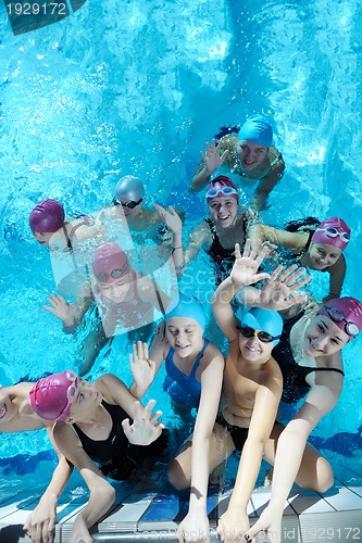 Image of happy children group  at swimming pool