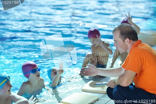 Image of happy children group  at swimming pool