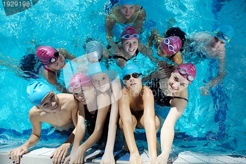 Image of happy children group  at swimming pool