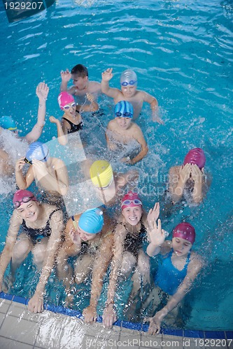 Image of happy children group  at swimming pool