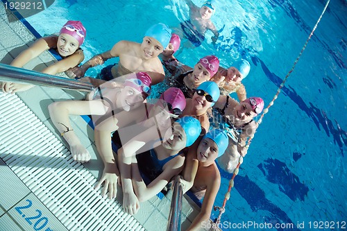 Image of happy children group  at swimming pool