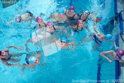 Image of happy children group  at swimming pool