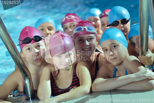 Image of happy children group  at swimming pool