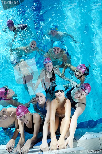 Image of happy children group  at swimming pool