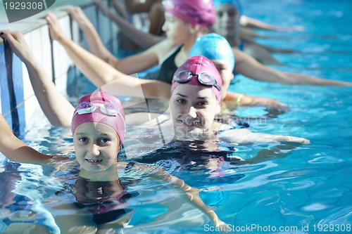 Image of happy children group  at swimming pool