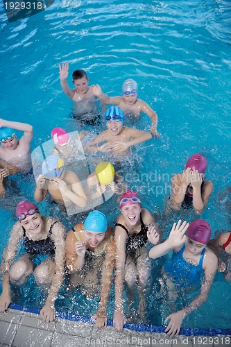 Image of happy children group  at swimming pool